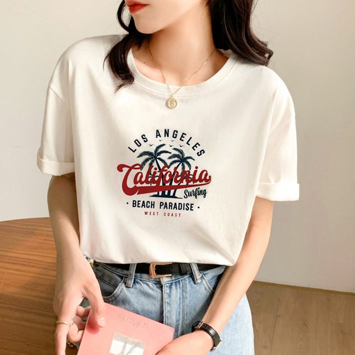 여성 프린팅 레터링 순면 반팔 티셔츠