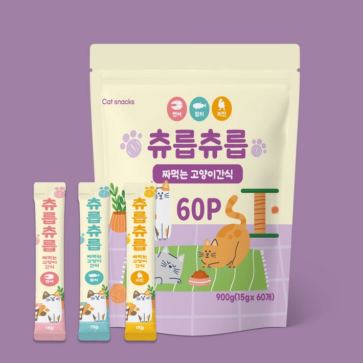 츄릅츄릅 짜먹는 츄르 고양이간식 60스틱 혼합팩 헤어볼케어, 2개, 연어치킨참치, 15g, 120개