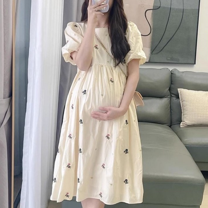 임산부 봄 여름 원피스 봄 여름 캐주얼 라운드넥 반팔 미디 원피스 임부복 빅사이즈 패션 벌룬 소매 치마 SJS