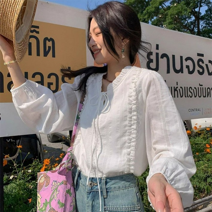 SELEAD 여자 화이트 셔츠 코튼 셔츠 프릴블라우스 여성의류 봄블라우스