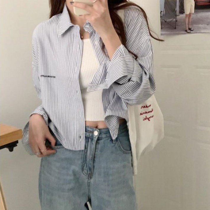 TQ 레터링 루즈핏 스트라이프 크롭 셔츠 TQ705Z