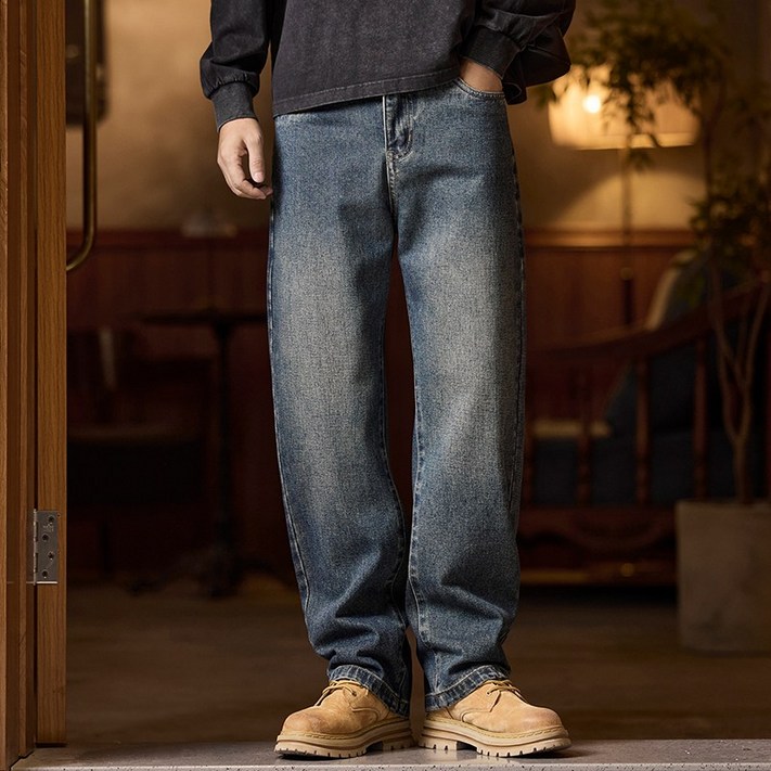 라지 남성 스트레칭 청바지 스트레칭 청바지 긴바지 슬랙스 캐주얼 패션 와이드 팬츠 워싱으로 올드 블루 빈티지