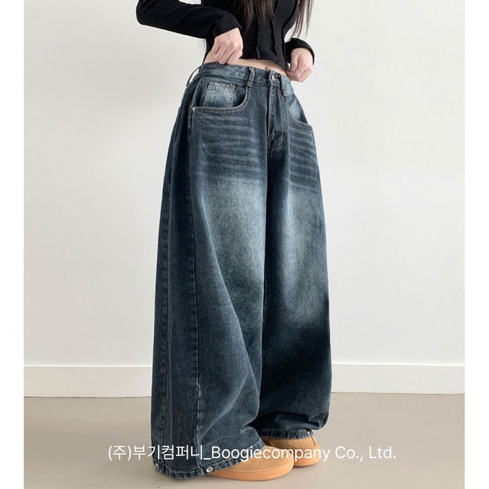 부기샵 벌룬 와이드 데님팬츠 라뚜 사이드핀턱 캣브러쉬 워싱 스냅버튼 조거 와이드 벌룬핏 군살커버 데님팬츠