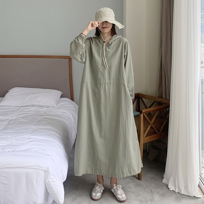 애플망고옷장 오버핏 긴팔 바스락 후드 원피스 간절기 봄가을 가벼운 롱치마 빅사이즈 1361