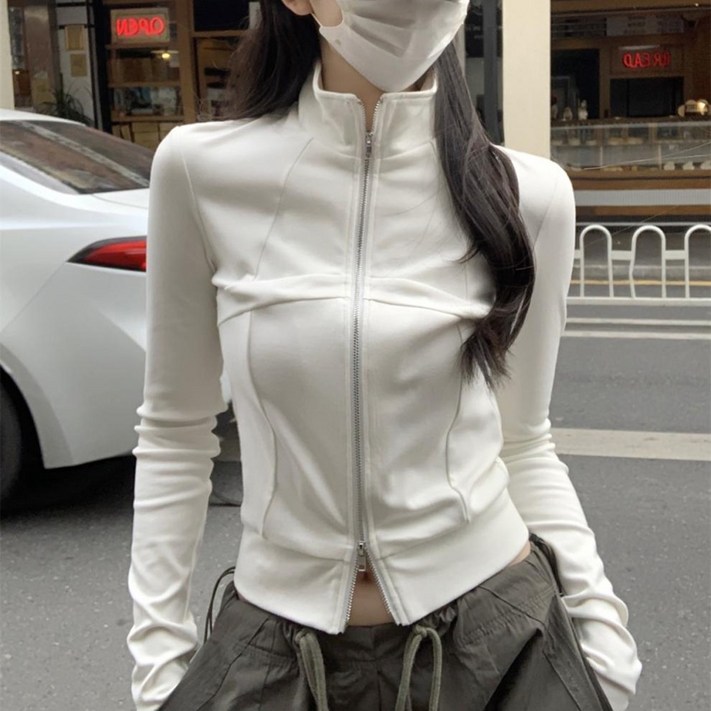 cammello  쫀쫀 하이넥 투웨이 집업 크롭티 여성 긴팔 티셔츠 크롭 긴팔티