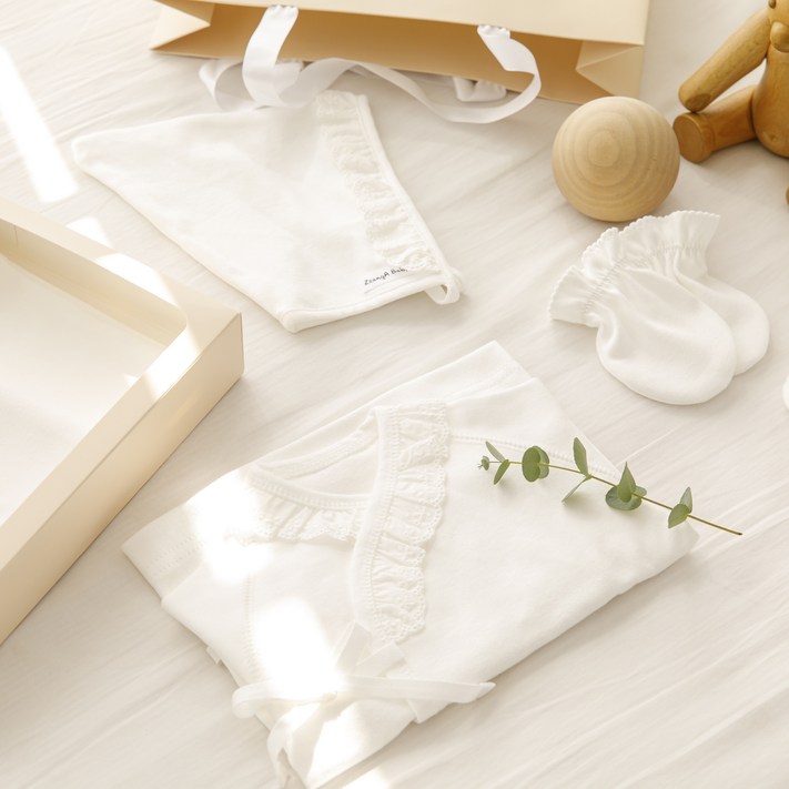 (여름용/사계절용 선택) 프릴 아기 선물세트 속싸개 배냇저고리 손싸개 3종