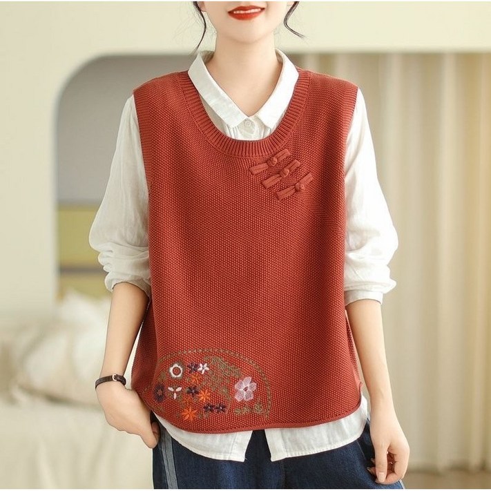 딜마켓 일하조끼  여성 가을 꽃무늬 베이직 라운드 조끼 베스트