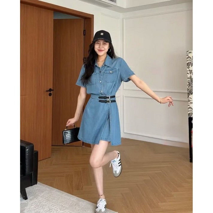 유니크유니스 데님 벨트 장식 원피스