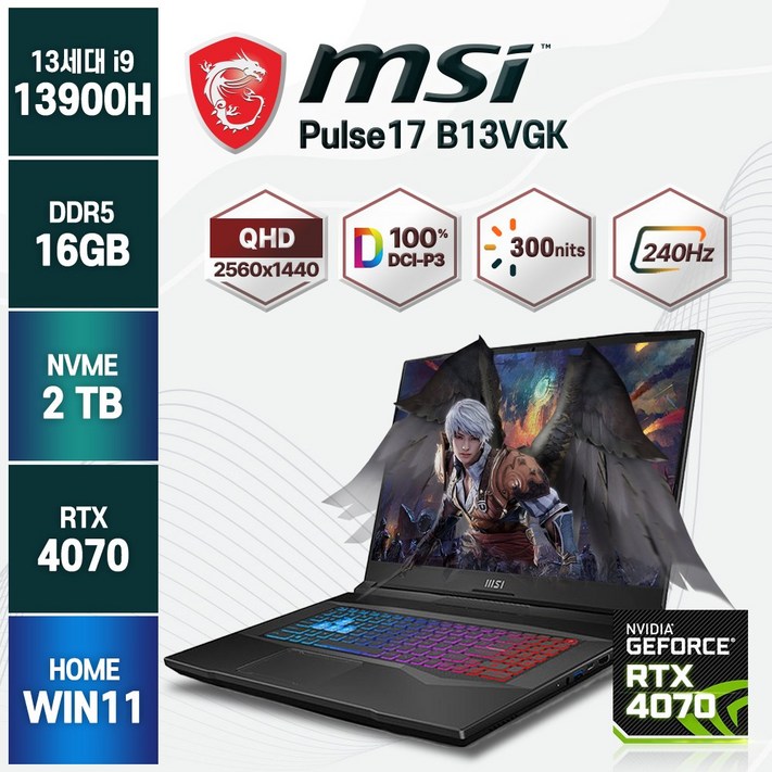 2023년형 MSI Pulse 17 B13VGK 240Hz QHD 13세대 인텔 i9 RTX4070 게이밍노트북, 블랙, B13VGK, 코어i9, 2TB, 16GB, WIN11 Home