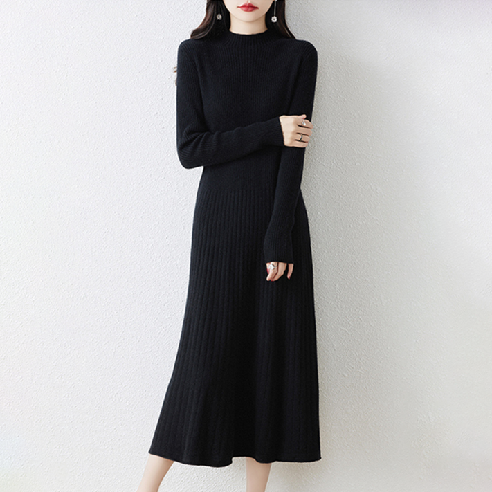 NUNUHANA 여성 데일리 슬림 반폴라 롱 니트 원피스