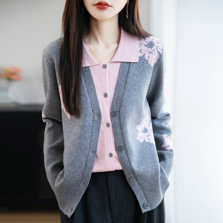 미스터먼쇼 레이어드 배색 가디건 투톤 카라 플라워 가디건