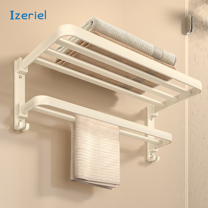 Izeriel 욕실 수건걸이 선반 화자실 샤워타올 수건걸이 무타공 수건건조대 초강력 접착식 수건걸이 선반 호텔식 2단 수건걸이, 크림화이트