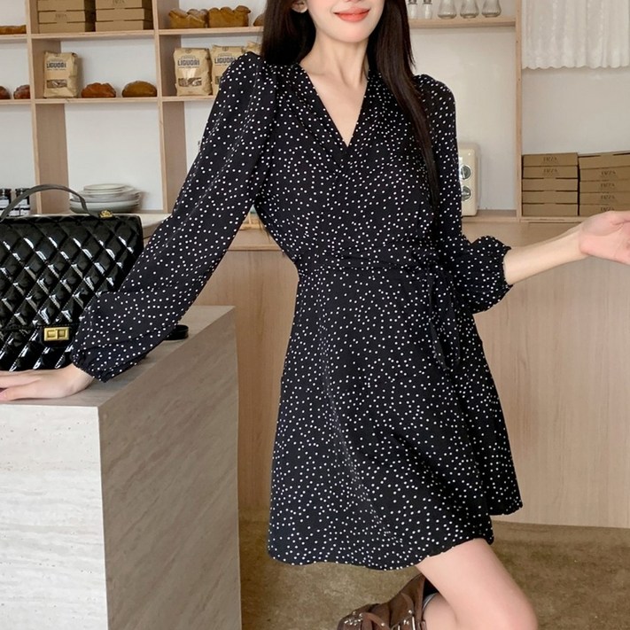 cammello 도트 패턴 러블리 랩 미니원피스 봄가을 긴팔 원피스 하객룩