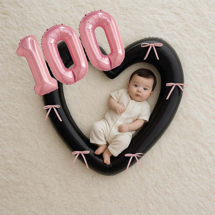 해피제이니 50일 100일 대형 하트풍선 완성리본 세트, 1세트, 블랙하트 숫자 100