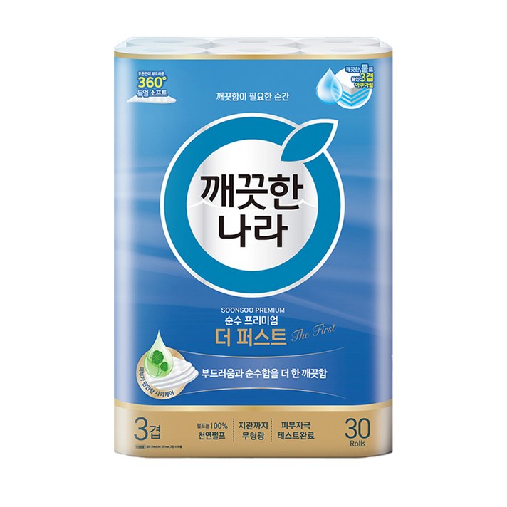 깨끗한나라 순수 프리미엄 더 퍼스트 천연펄프 3겹 고급롤화장지, 30m, 30개입, 1개 깨끗한나라 순수 프리미엄 더 퍼스트 천연펄프 3겹 고급롤화장지, 30m, 30개입, 1개
