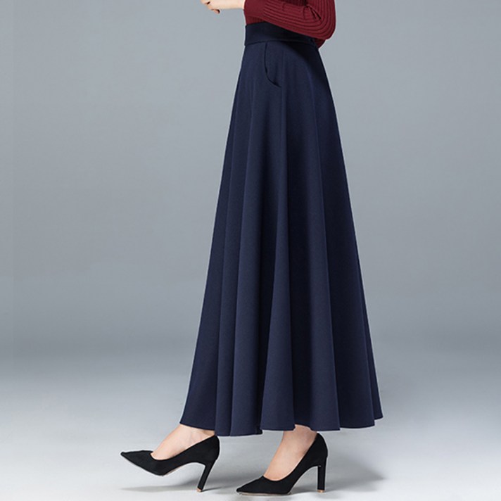 TIMEPURE 봄가을 신상 모던 하이웨이스트 A라인 롱 스커트 카키색 플레어 실루엣 솔리드 드레이피 원단