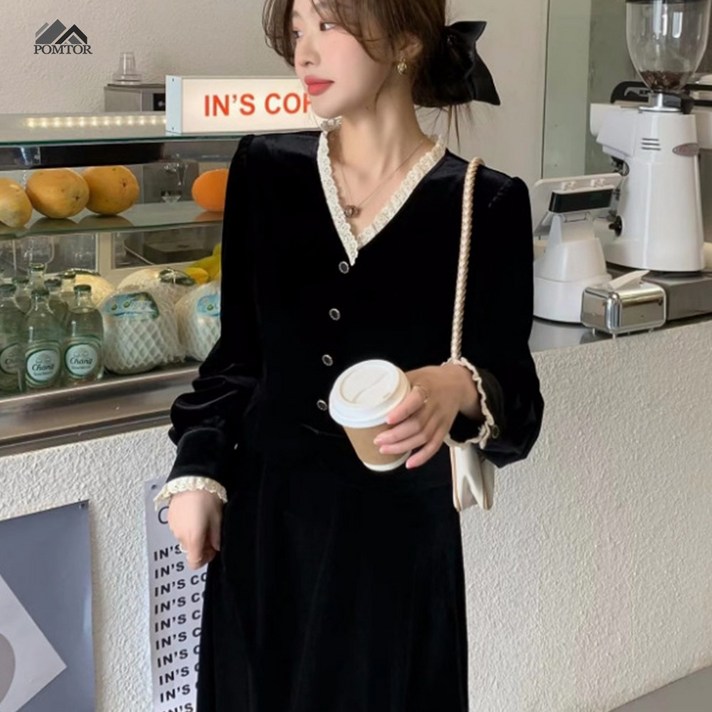 POMTOR 여성 가을 겨울  벨벳 롱 원피스 하객룩 레이스 트리밍