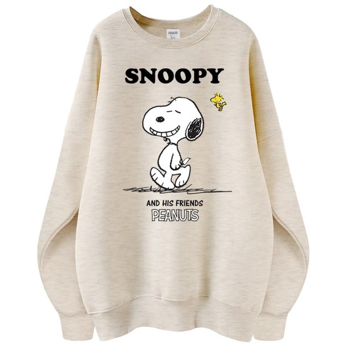 스누피 정품 남녀공용 오버핏 캐릭터 라운드 맨투맨 빅사이즈 데일리 티 루즈핏 커플 티셔츠 남자 여성 롱티 단체티 해피스누피