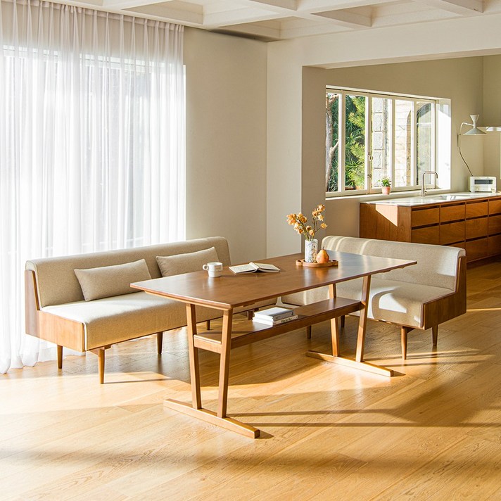 미네 리빙다이닝 6인 고무나무 원목 패브릭소파 코너형 식탁세트, 단일색상