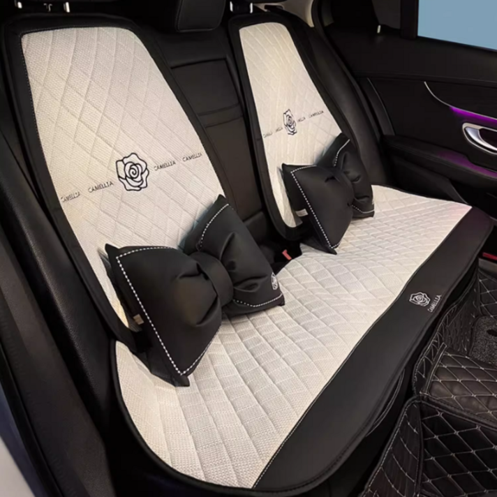 파파무니 자동차 린넨 사계절용 통풍 리본 시트커버 쿠션 방석 세트, 화이트 뒷좌석1세트, 1개