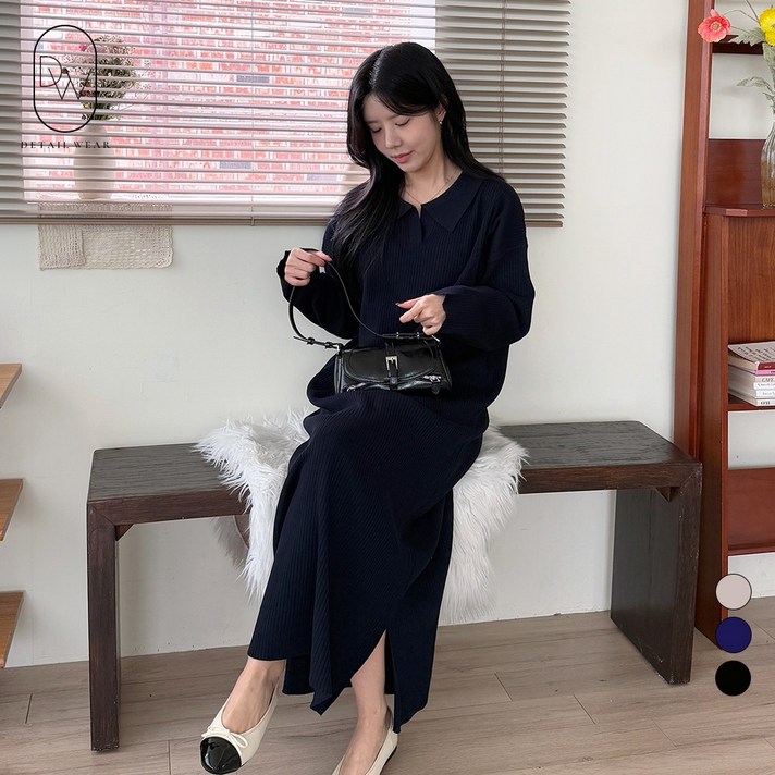 디테일웨어 여성 골지 카라넥 긴팔 원피스 임부복 편한원피스 간절기 날씬해보이는 롱원피스 젊줌마룩