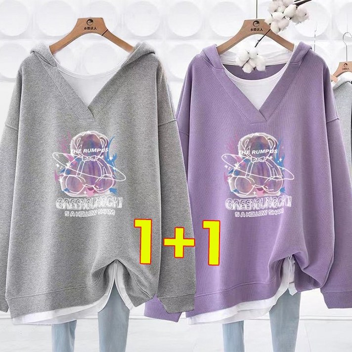 AOUGK 11 여성 후드 맨투맨  빅사이즈 캐릭터 프린트 레이어드 긴팔 티셔츠
