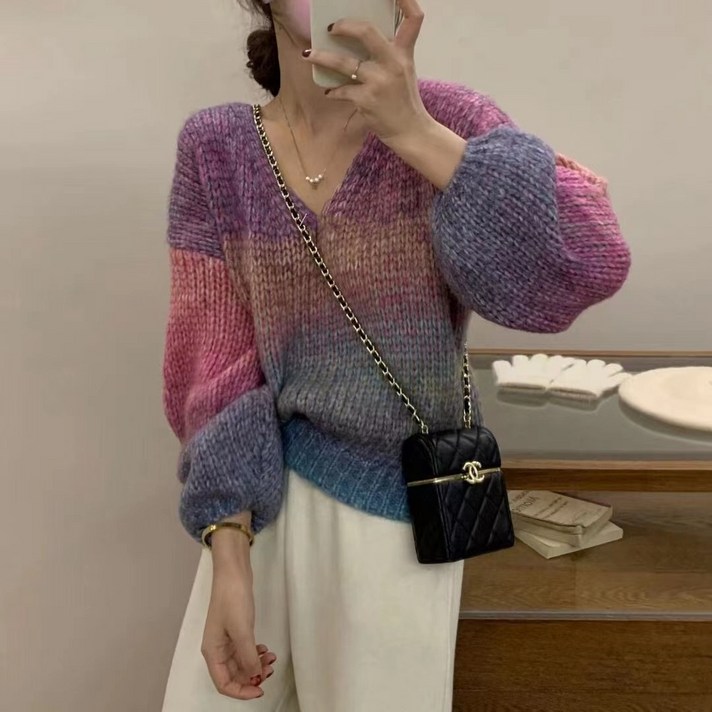 빈티지 풀오버 브이넥 그라데이션 나른한 루즈핏 긴팔 니트
