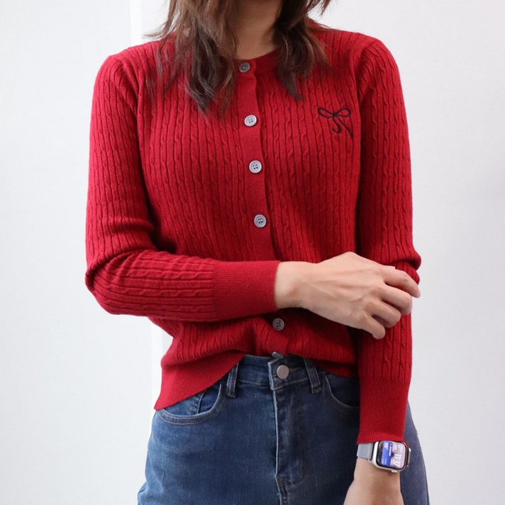 메리앤유 심플 데일리 리본 자수 꽈배기 니트 가디건