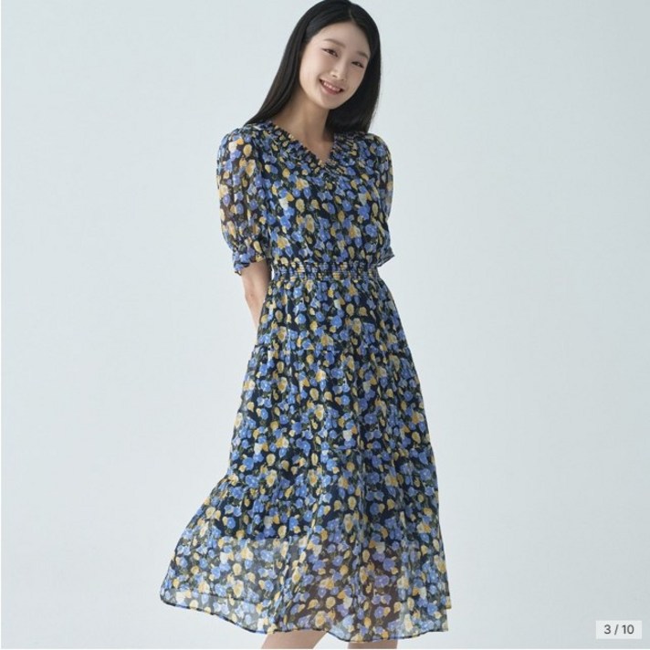 지센파격할인 24SS 여성 쉬폰 프린트 스모킹 플레어 원피스