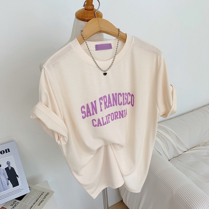 찰랑 스판 레터링 여름 라운드 반팔 티셔츠