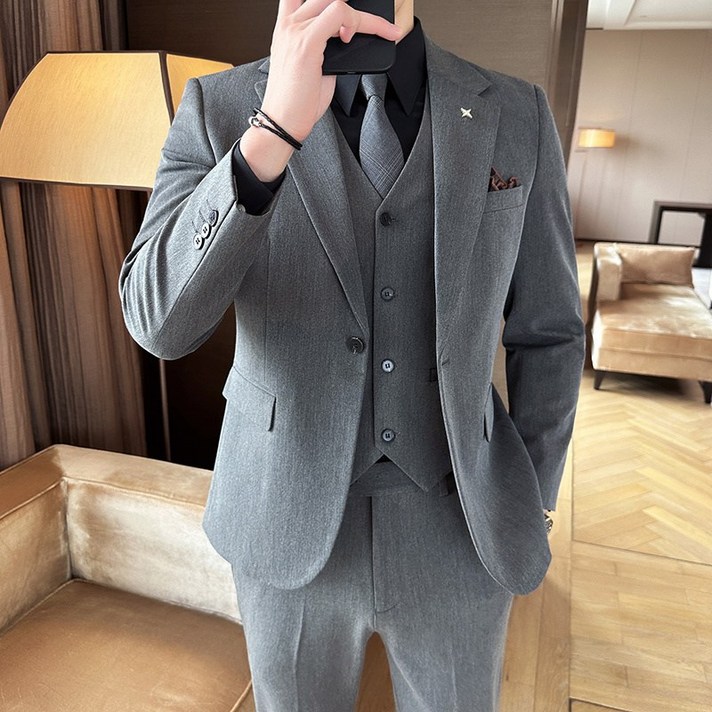 남성용 정장세트 하객룩 수트 사계절 기본 캐주얼 정장 3피스세트 코트  바지 조끼