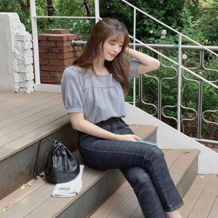 여자 스퀘어넥 셔링 반팔 셔츠 블라우스 체크 반팔티 여름반팔 무지반팔티 빅사이즈반팔티 여성티셔츠