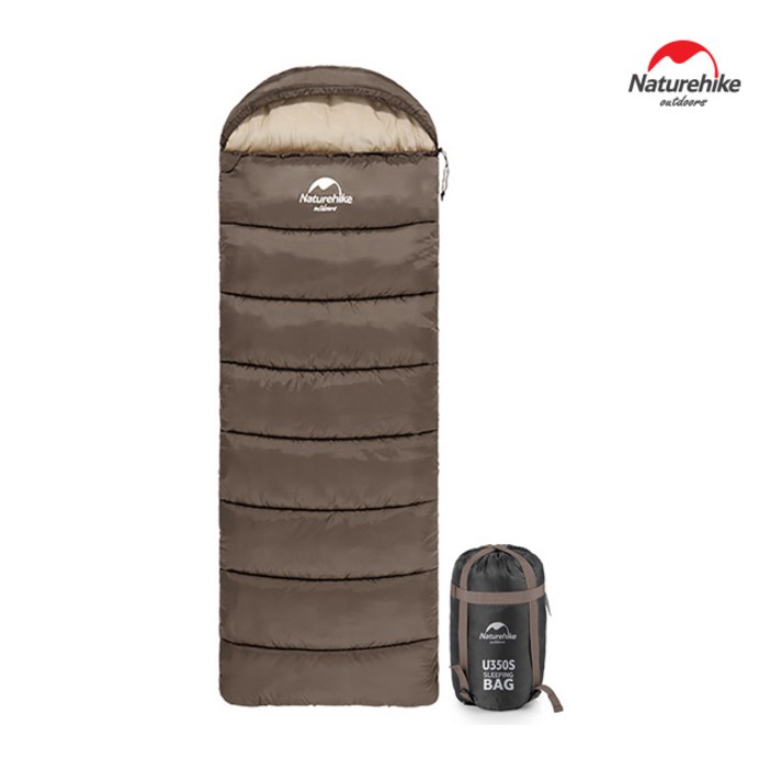 네이처하이크 U시리즈 후드 침낭 할로화이버 페이크페더 사계절 풀오픈 결합 연결가능, 브라운, 1개