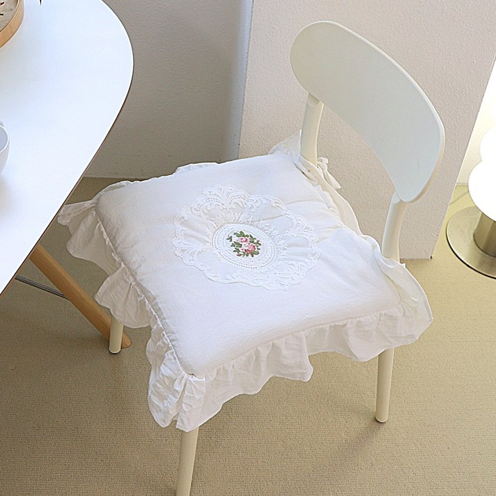 오라이프샵 플라워 레이스 식탁의자방석 방석쿠션, 화이트 2개