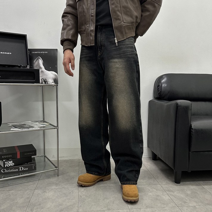 사계절 샌드워싱 와이드 데님팬츠 브러위 워싱 세미와이드 청바지