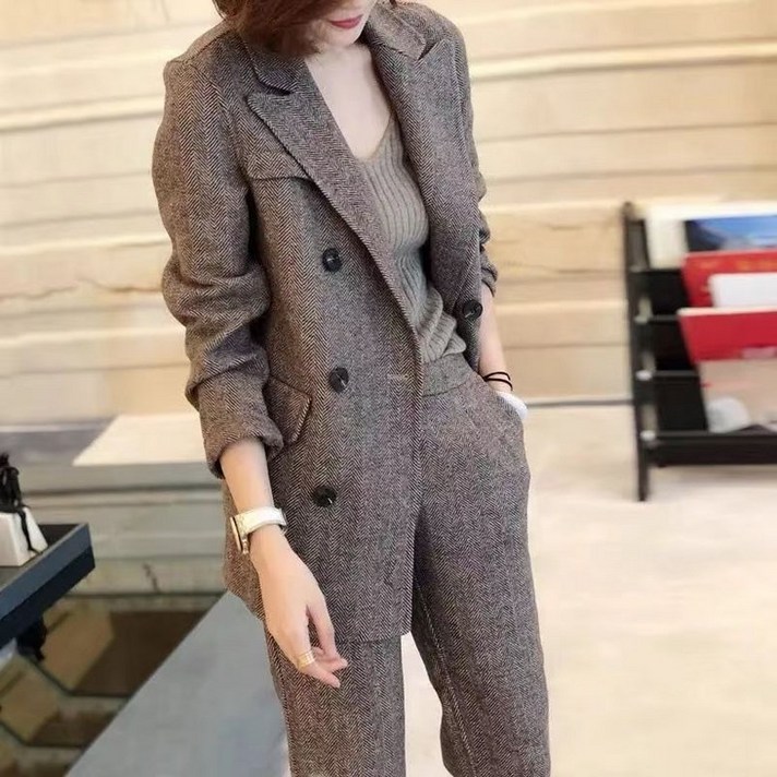 JoYouth  양모 헤링본 모직 더블버튼 여성 클래식 오피스 정장 투피스 세트 수트