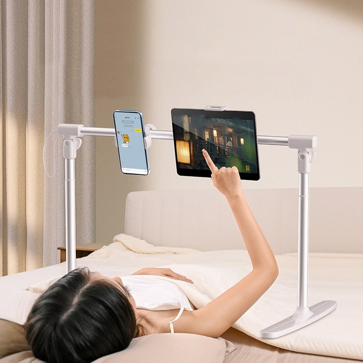 HUIJII 접이식 침대용 휴대폰 거치대 침대용 태블릿 거치대 높이 폭 조절 가능 듀얼 헤드 라이브 스탠드, 화이트, 1개, 거치대 풀세트