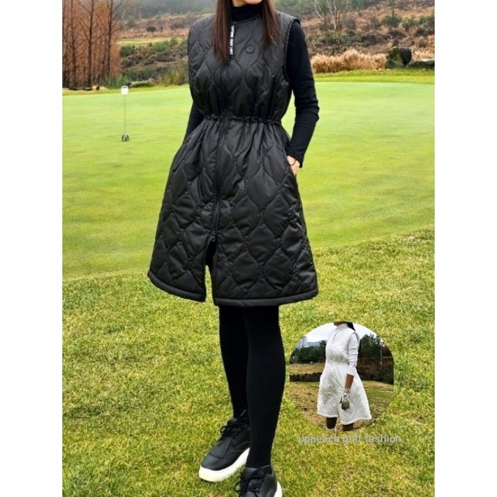 허리스트링조절 롱 골프베스트 퀄팅 아우터 원피스 패딩조끼 도톰 기모안감 업피치골프