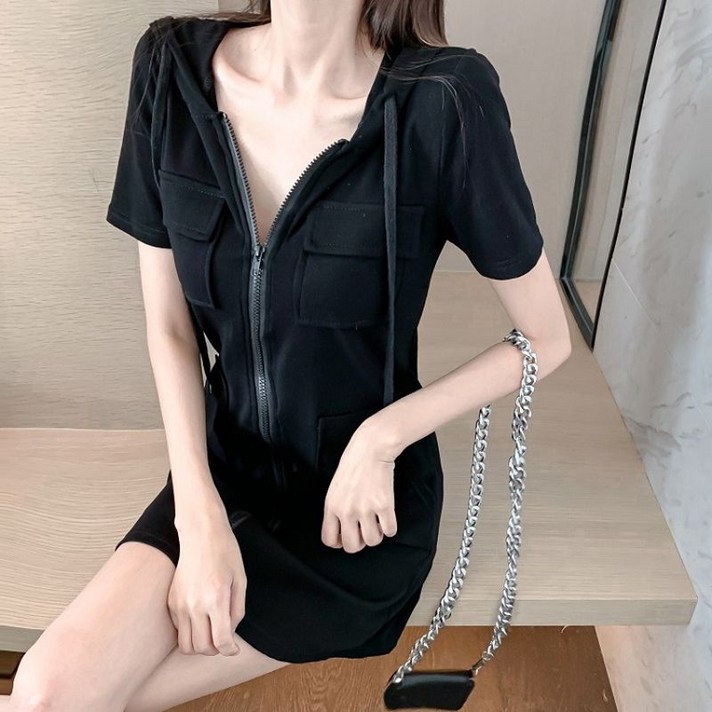 COSYEVNO 여름 여성 미니 원피스 반팔 후드 포켓 슬림핏 COSYEVNO 여름 여성 미니 원피스 반팔 후드 포켓 슬림핏