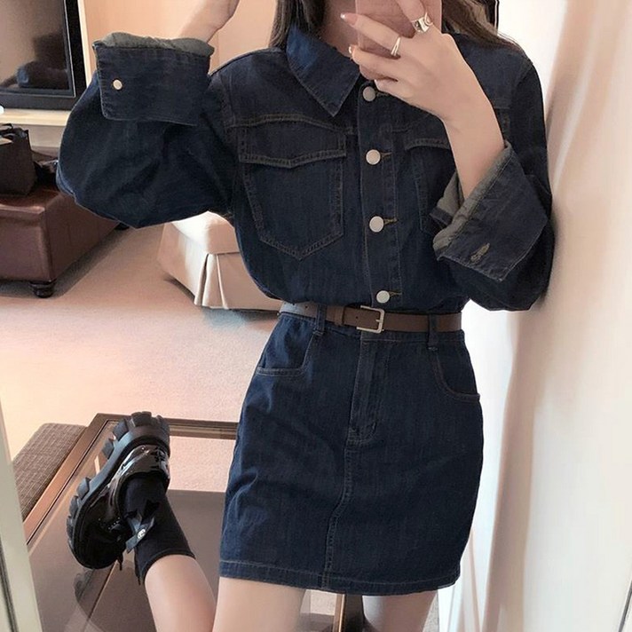 메이리앤 벨트포함 고품질 간절기 데님 미니 롱 청원피스