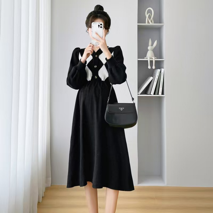 여성 롱 원피스 캐주얼 니트 스커트 브이넥