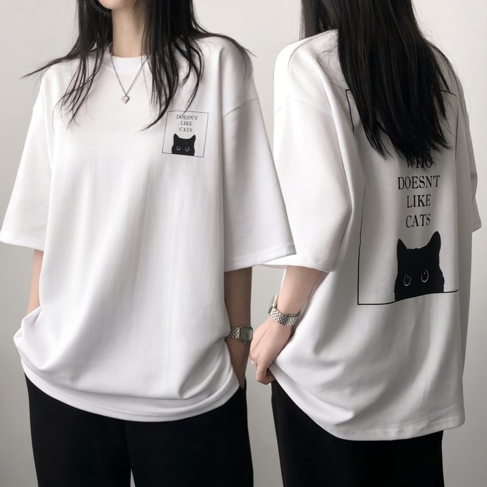 레이디스룸 국산 특양면 2XL 오버핏 고양이 프린팅 빅사이즈 박스 반팔 티셔츠