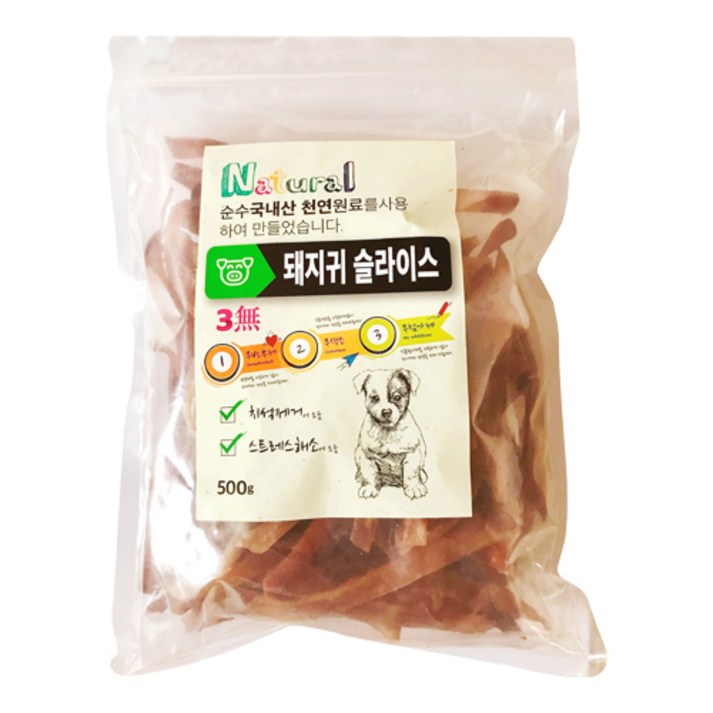 로하스 천연수제 강아지 간식 500g, 돼지귀슬라이스, 1개