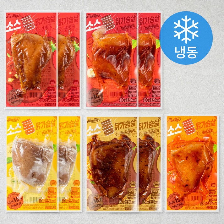 맛있닭 소스 통 닭가슴살 갈릭스테이크 100g x 2팩  깐풍기 100g x 2팩  매콤바베큐 100g x 2팩  레몬크림 100g x 2팩  매콤칠리 100g 세트 냉동