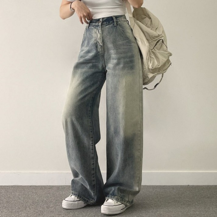 여성용 보이 와이드 데님 팬츠