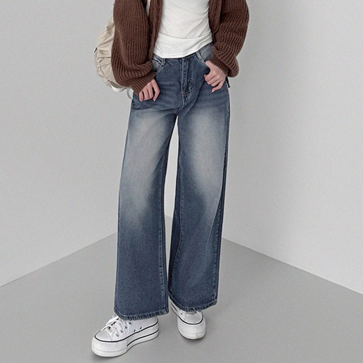 유라잇 여성용 기본롱 유핏 1탄 페이드워싱 와이드 데님팬츠 322235