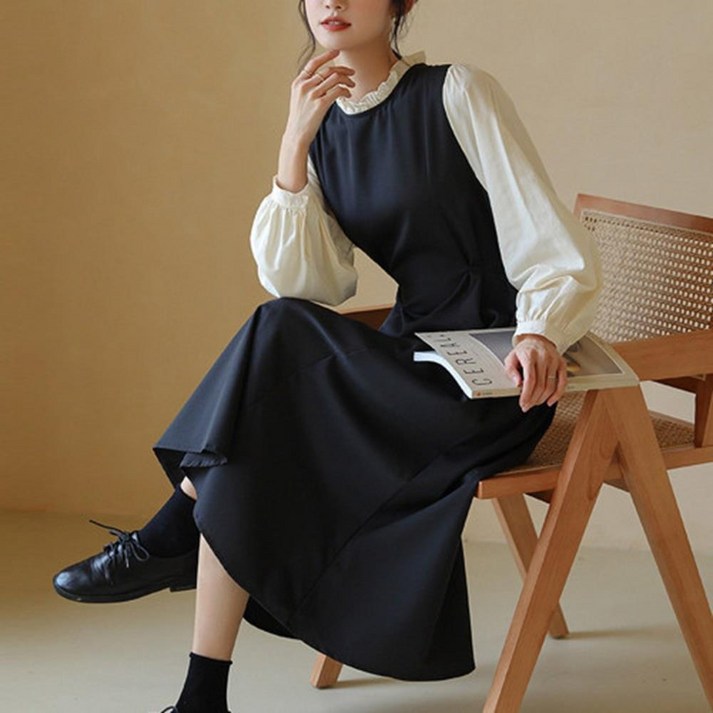 깔끔 단정 단아한 청순한 프릴넥 퍼프원피스 간절기옷 가을코디 겨울이너 데일리룩