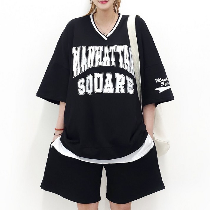 5XL 2COLOR 스퀘어 브이 레이어드 셋업 5599까지 여름 반팔 면 빅사이즈 오버사이즈 츄리닝 세트
