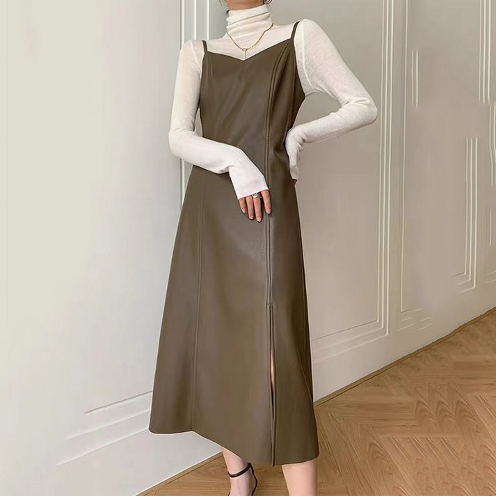 여성 루즈핏 레더 뷔스티에 플레어 나시 롱 원피스