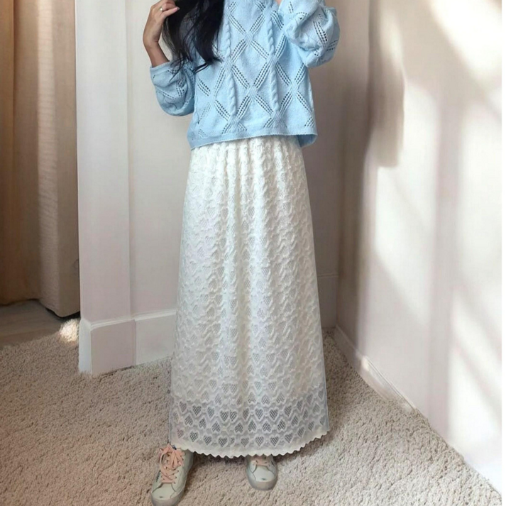 스타일원 여성 밴딩 펀칭 기모 안감 레이스 롱 스커트 치마